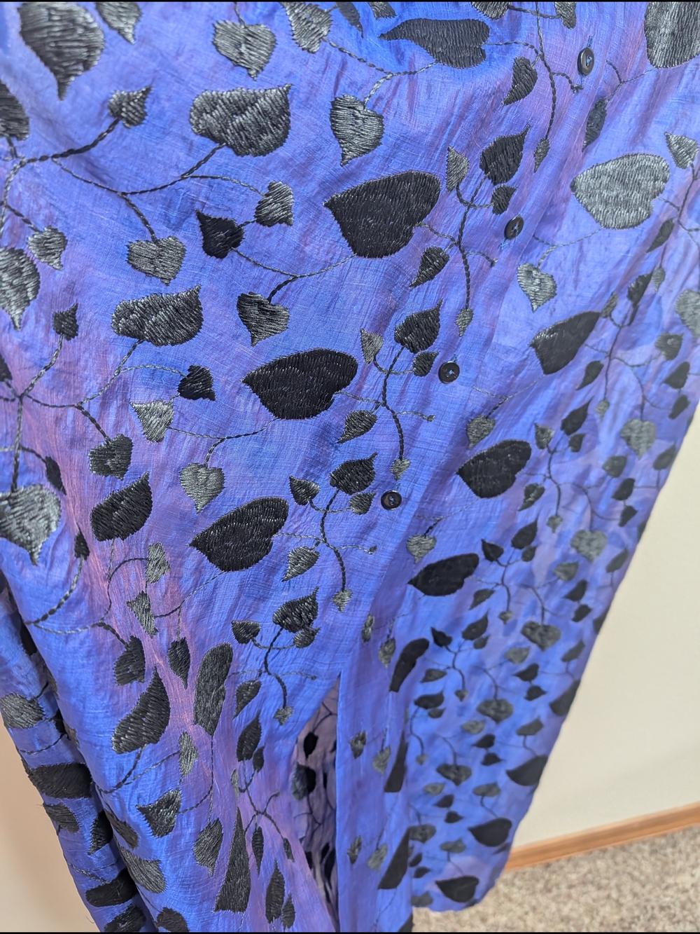 Marianne Kooimans 2 Silk Embroidered Leaf Midi Dress Button Front Blue Black - Picture 5 of 9